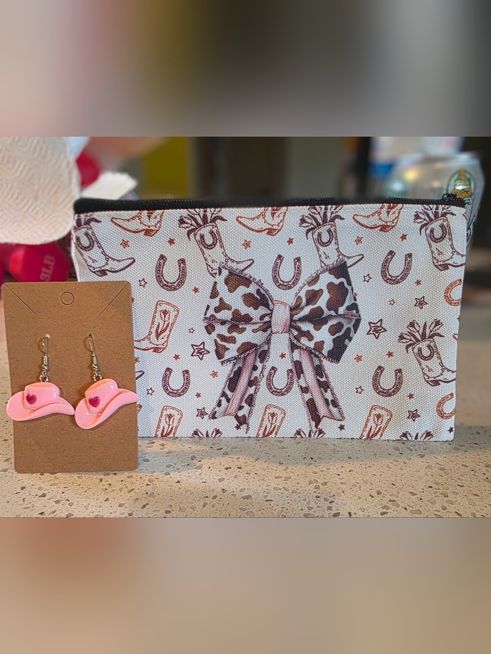 Western Style Pouch With Pink Cowboy Hat Heart Dangle Earrings